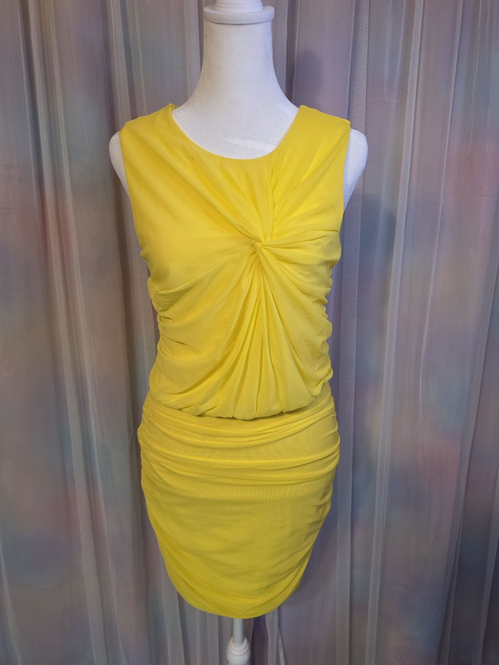 Bebe Canary Yellow Twist-Front Sleeveless Ruched Lined Mini Dress Gown SizeSmall